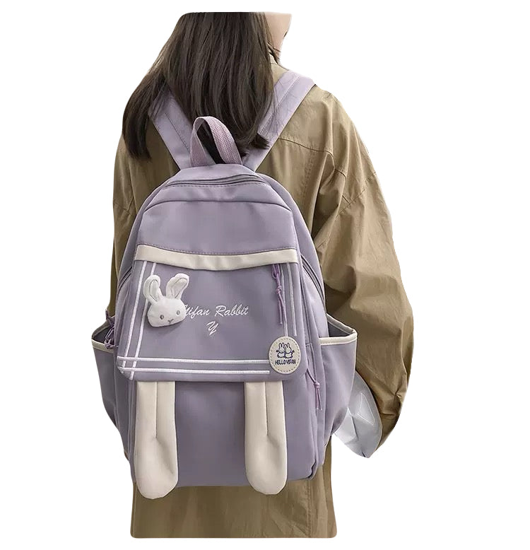 Cute Rabbit Ears Backpack for Teen Girls Kawaii Nylon School Bag with Plush Rabbit Decoration